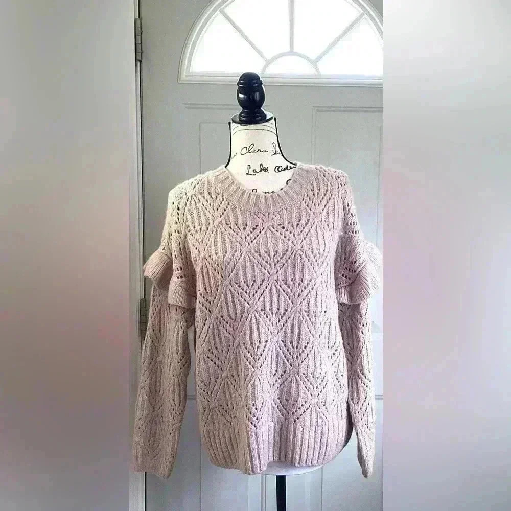 OLD NAVY LIGHT PEACH Ruffle-Trim Metallic Pointelle-Knit Sweater for Women Large